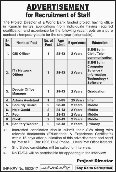 PO Box 1225 Karachi Jobs 2017 December 2018 Naib Qasid, Security Guards, Sanitary Workers & Others Latest
