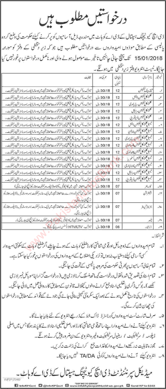 DHQ Teaching Hospital Kohat Jobs 2018 KDA Clinical Technicians, Carpenter, Electrician & Others Latest