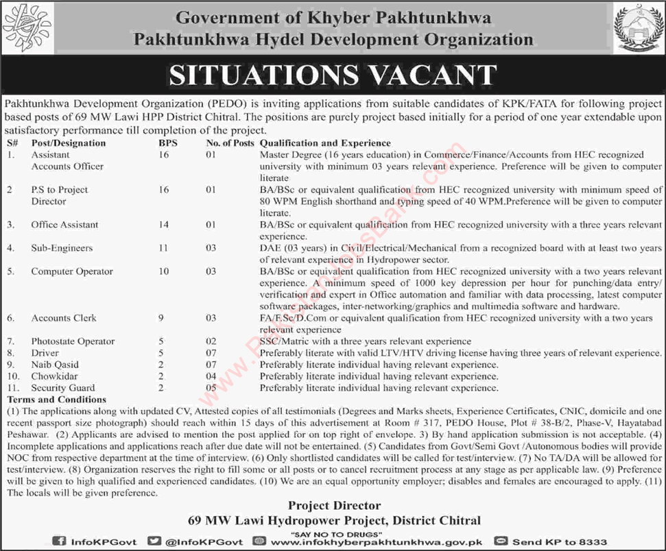 Pakhtunkhwa Hydel Development Organization Jobs 2018 Chitral Security Guards, Chowkidar, Drivers & Others Latest