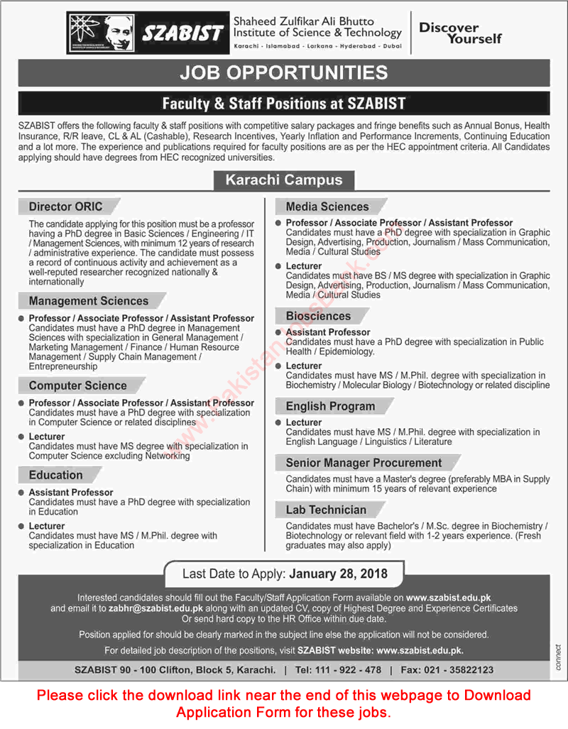 SZABIST Karachi Jobs 2018 Application Form Teaching Faculty & Others Latest