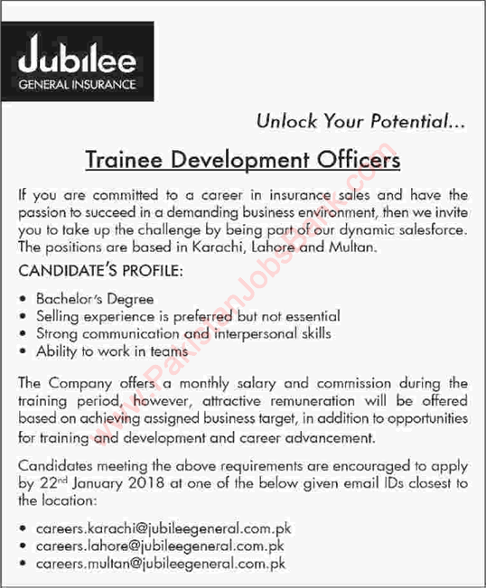Trainee Development Officer Jobs in Jubilee Life Insurance 2018 January Latest
