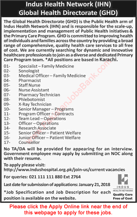 Indus Hospital Karachi Jobs 2018 Apply Online Medical Officers, Technicians, Nurses & Others IHN GHD Latest