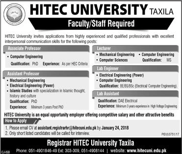HITEC University Taxila Jobs 2018 Teaching Faculty, Lab Engineers & Assistants Latest