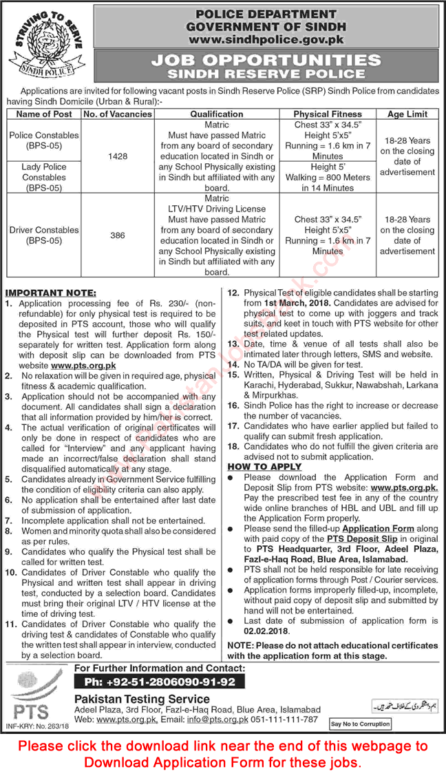 Sindh Police Jobs 2018 Reserve Police Constables & Drivers PTS Application Form Download Latest