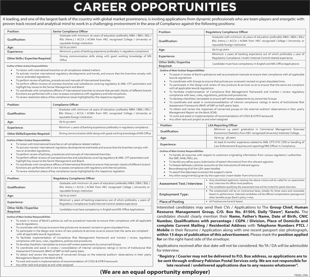 Banking Jobs in Karachi 2018 Reporting & Compliance Officers Leading Commercial Government Bank Latest