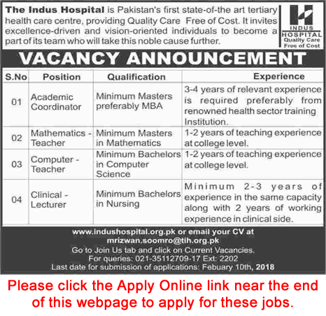 Indus Hospital Karachi Jobs 2018 January Apply Online Academic Coordinators, Teachers & Clinical Lecturers Latest