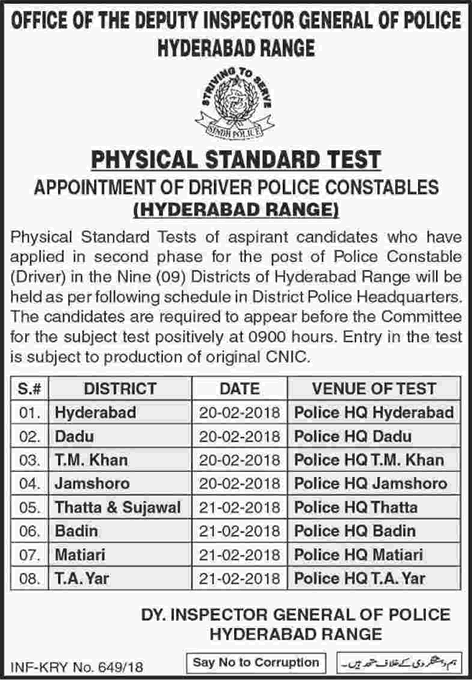 Sindh Police Constable Driver Jobs 2018 February Physical Test Schedule Hyderabad Range Latest