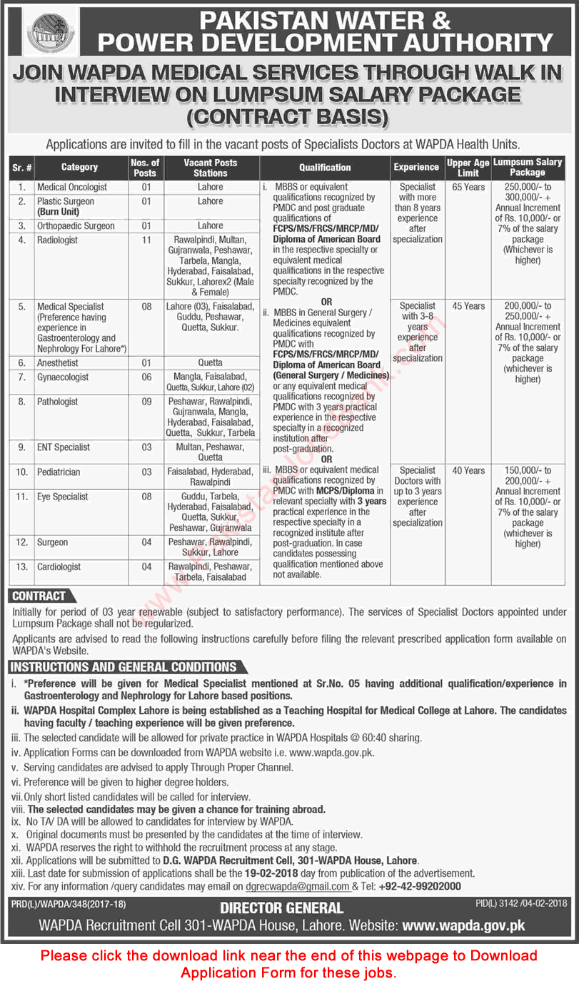 Specialist Doctor Jobs in WAPDA 2018 February Walk in Interview Water and Power Development Authority Latest