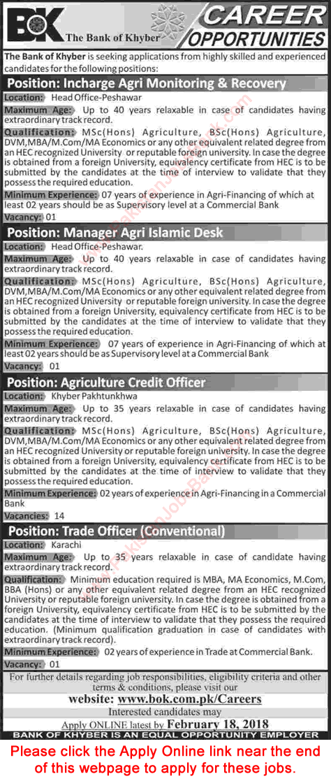Bank of Khyber Jobs February 2018 Apply Online Agriculture Credit Officers & Others Latest