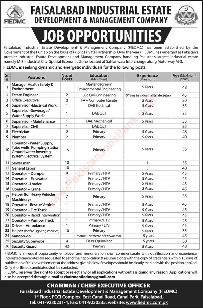 FIEDMC Faisalabad Jobs 2018 February Operators, Labour, Helpers, Security Guards & Others Latest