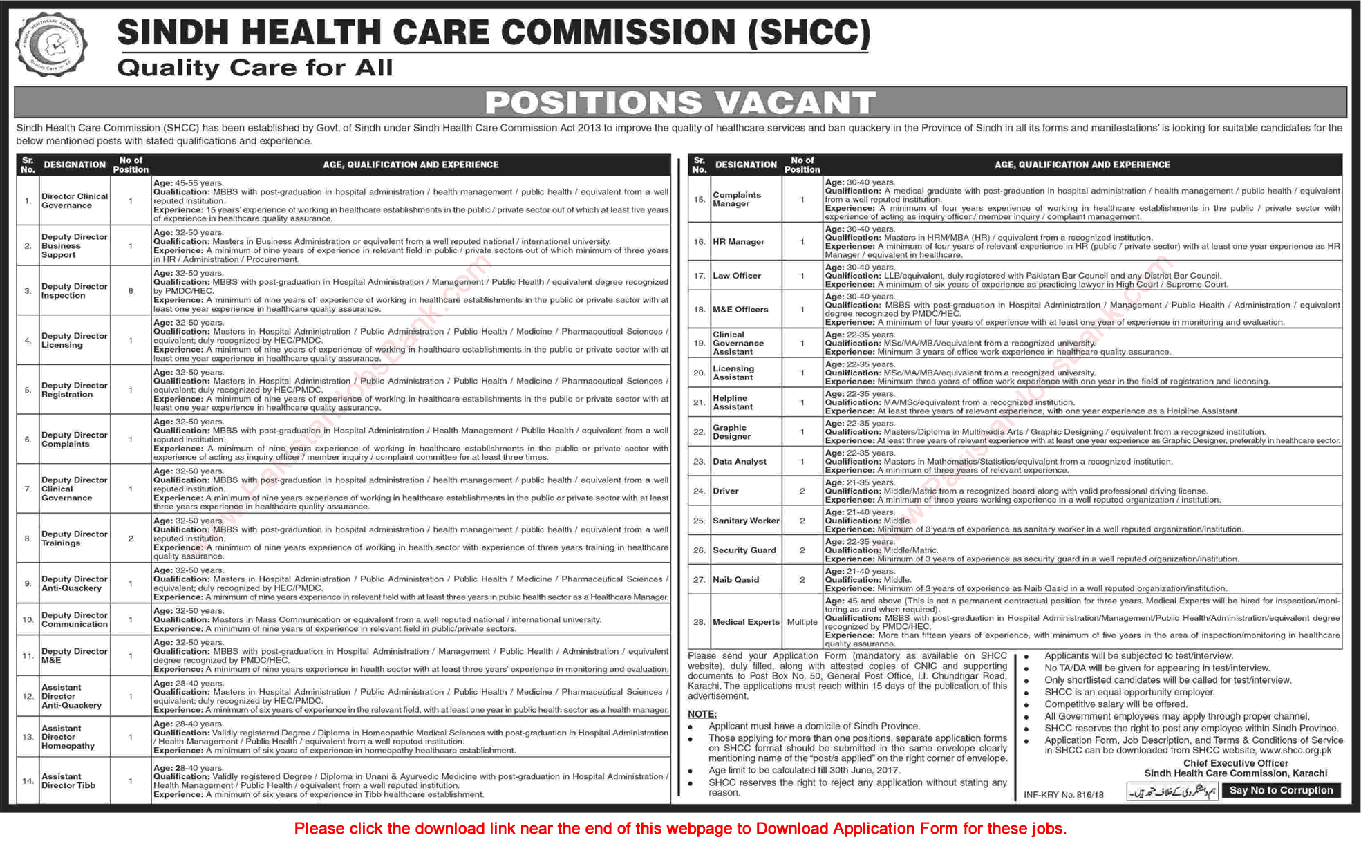 Sindh Healthcare Commission Jobs 2018 February Application Form Download SHCC Latest