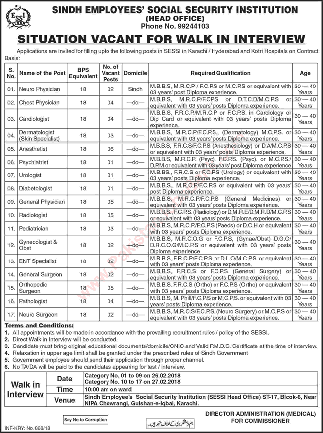 Specialist Doctor Jobs in SESSI 2018 February Walk in Interview Sindh Employees Social Security Institution Latest