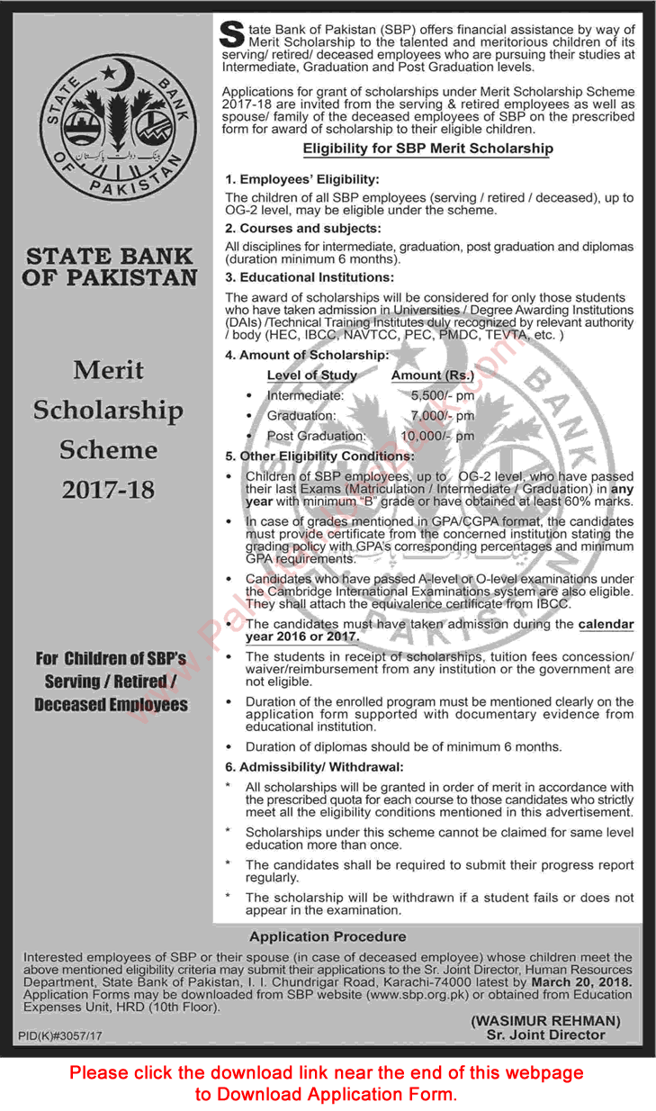 State Bank of Pakistan Merit Scholarship Scheme 2017-2018 Application Form for SBP Employees Children Latest