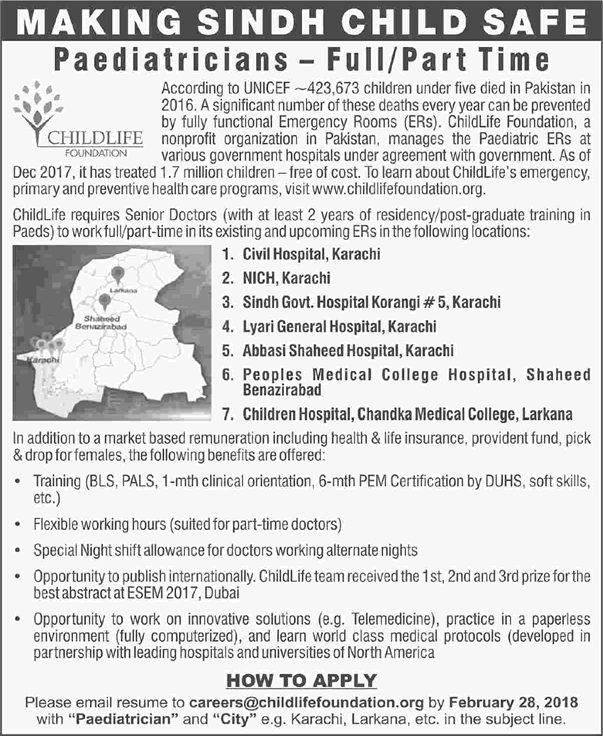 Specialist Doctor Jobs in Childlife Foundation Sindh 2018 February Pediatricians Latest