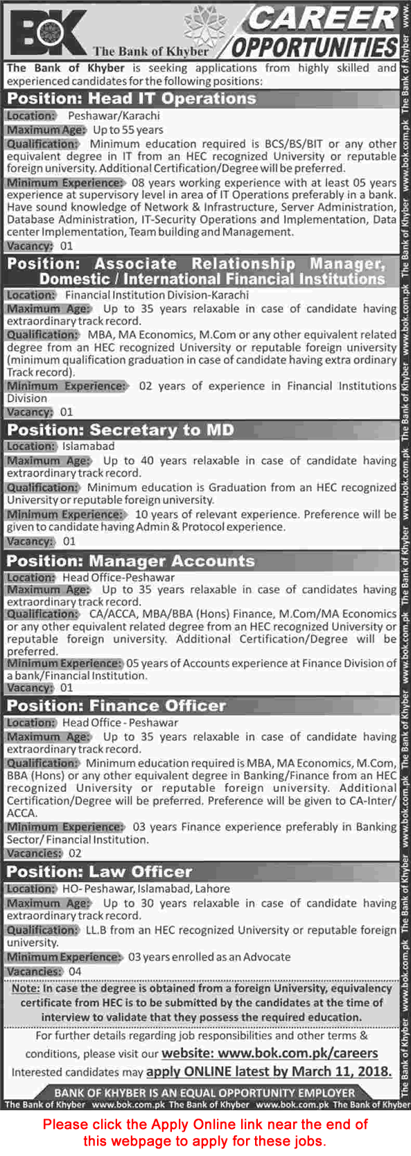 Bank of Khyber Jobs February 2018 Apply Online Law / Finance Officers & Others BOK Latest