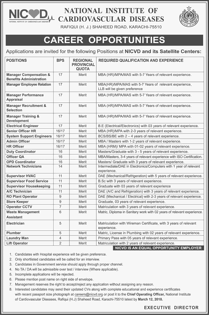 NICVD Jobs February 2018 Managers, Supervisors & Others National Institute of Cardiovascular Diseases Latest