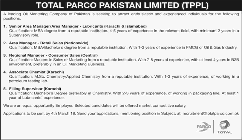 Total Parco Pakistan Limited Jobs 2018 February Area Managers , Filling Supervisor & Others Latest