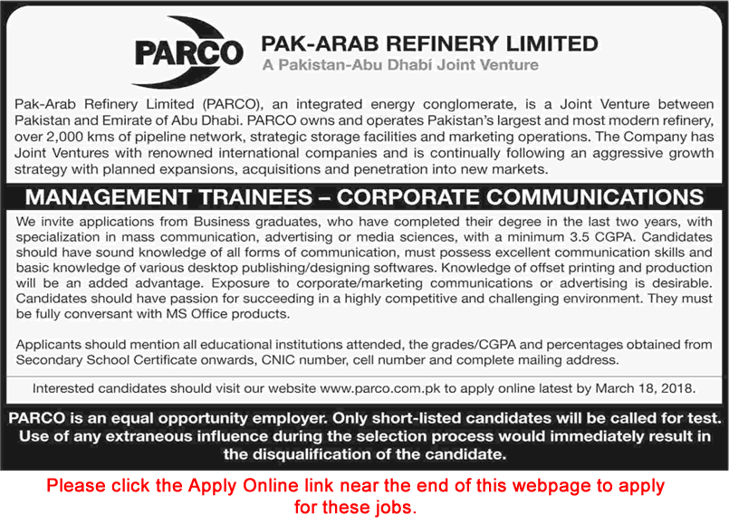 Management Trainee Jobs in PARCO 2018 March Apply Online Pak-Arab Refinery Limited Latest