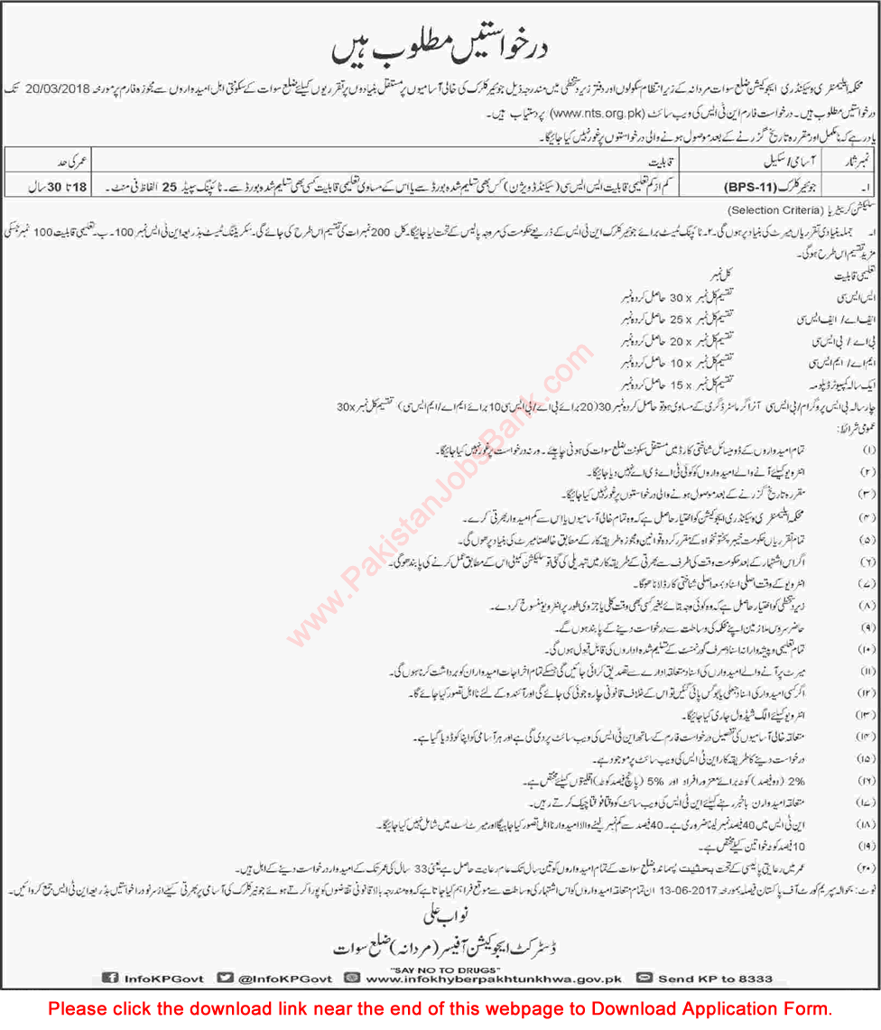 Clerk Jobs in Elementary and Secondary Education Swat 2018 March NTS Application Form Latest