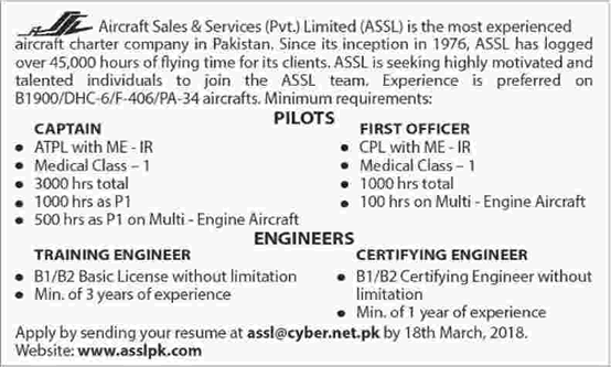 Aircraft Sales and Services Pvt Ltd Pakistan Jobs 2018 March Pilots & Engineers Latest
