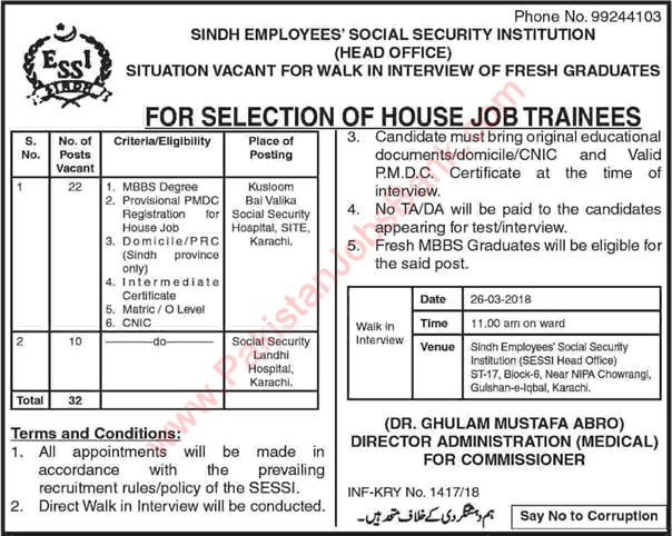 Sindh Employees Social Security Institution House Job Training 2018 March SESSI Hospitals Walk in Interview Latest
