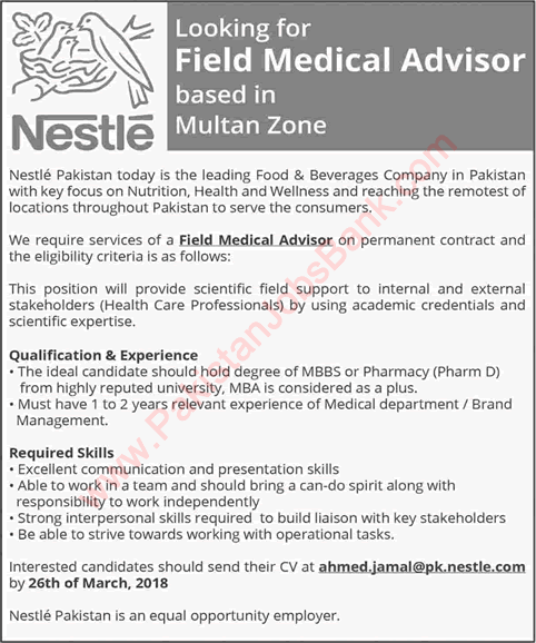 Field Medical Advisor Jobs in Nestle Pakistan 2018 March Latest Advertisement