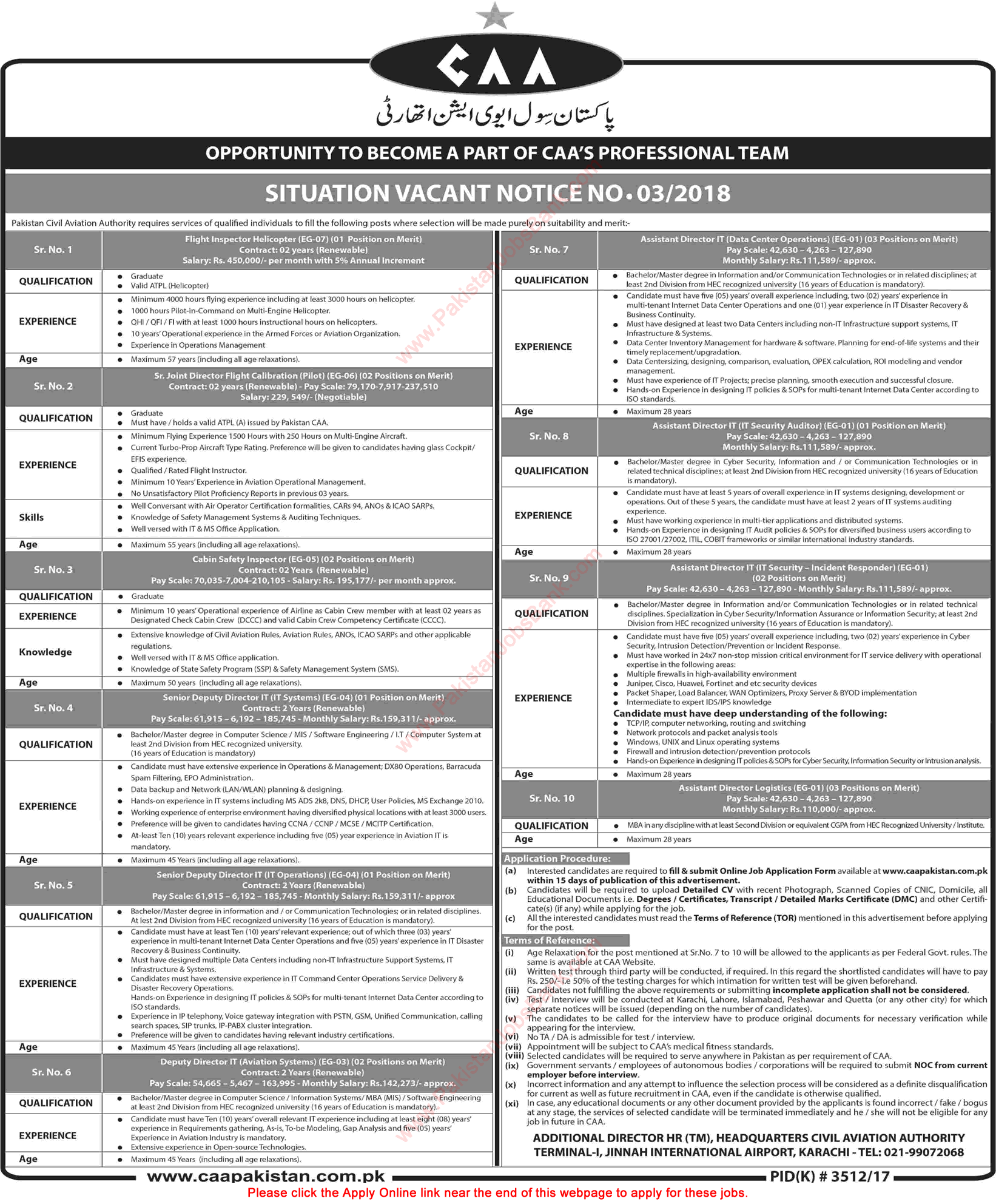 Civil Aviation Authority Pakistan Jobs 2018 March Apply Online Cabin Safety Inspectors & Others Latest