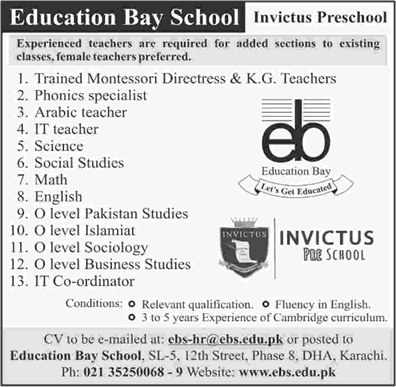 Education Bay School Karachi Jobs 2018 March Teachers & IT Coordinator Latest