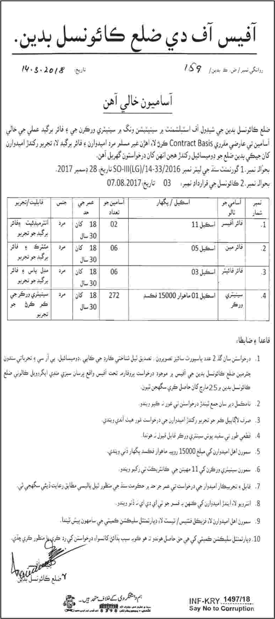 District Council Badin Jobs 2018 March Sanitary Workers, Fireman, Fire Fighters & Officers Latest