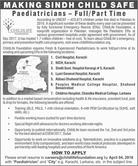 Pediatrician Jobs in Childlife Foundation Sindh March 2018 Child Specialist Doctors Latest