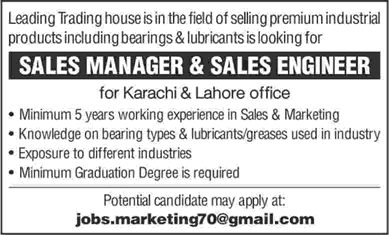 Sales Manager / Engineer Jobs in Lahore & Karachi 2018 March Leading Trading House Latest