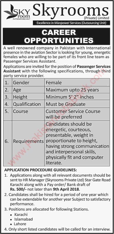 Passenger Services Assistant Jobs in Skyrooms Pvt Ltd Pakistan 2018 March Latest
