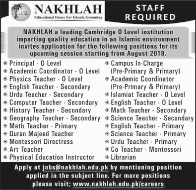 Nakhlah Schools Karachi Jobs 2018 April Teachers, Academic Coordinator & Others Latest