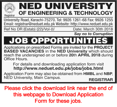 NED University Karachi Jobs 2018 April Application Form Data Entry Operator, Civil Engineer & Project Coordinator Latest