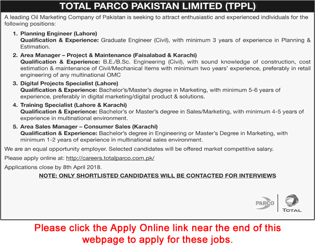 Total Parco Pakistan Limited Jobs April 2018 Apply Online Area / Sales Managers & Others Latest