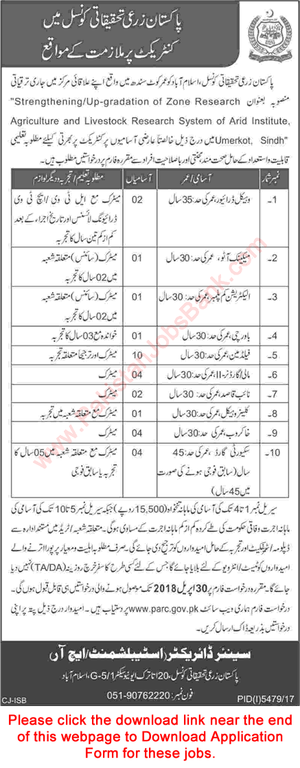Pakistan Agricultural Research Council Jobs April 2018 Application Form Fieldman, Security Guards & Others Latest