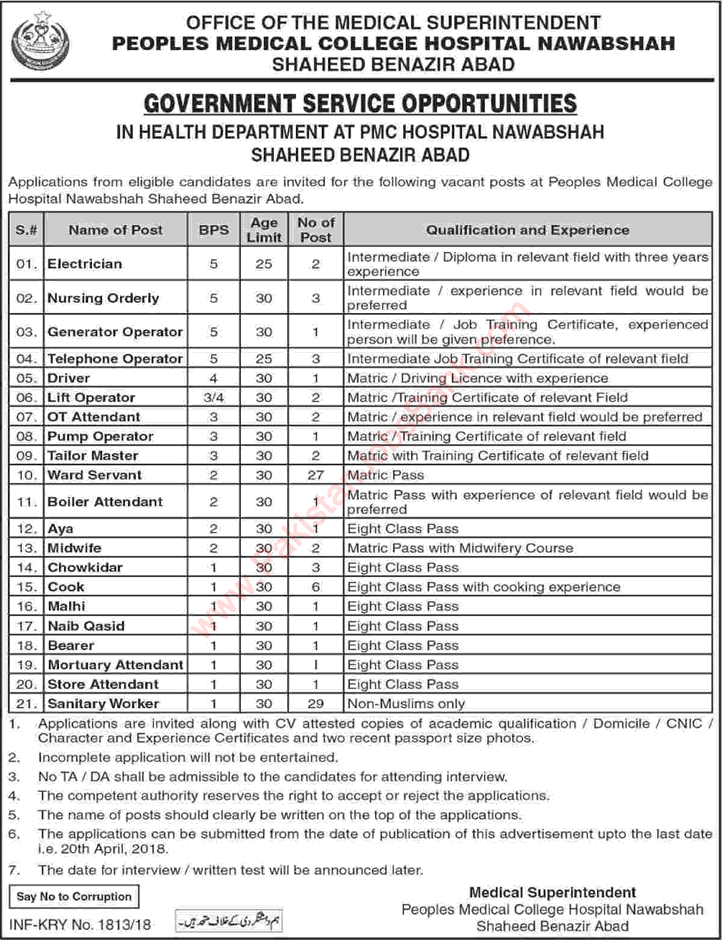 Peoples Medical College Hospital Nawabshah Jobs 2018 April Ward Servants, Sanitary Workers & Others Latest