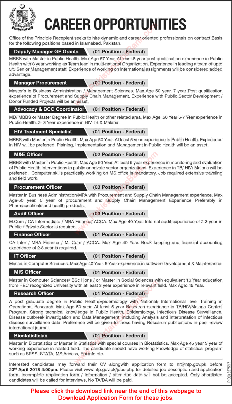 National TB Control Program Islamabad Jobs 2018 April Application Form Procurement / Audit Officers & Others Latest