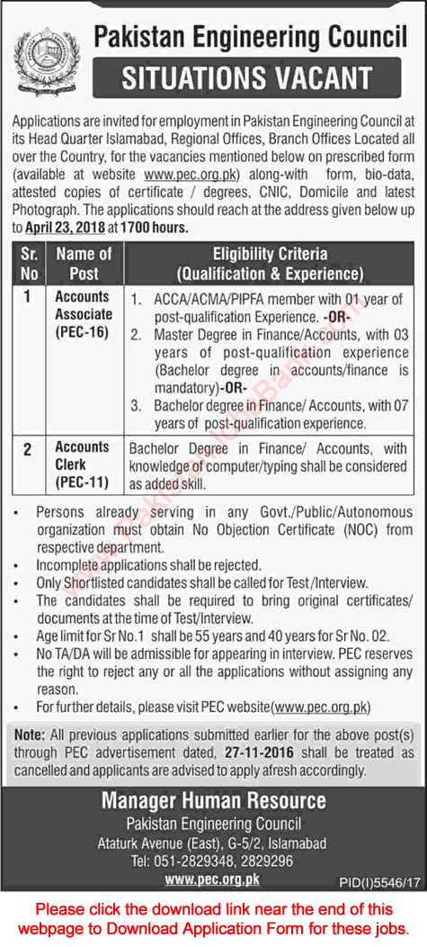 Pakistan Engineering Council Jobs April 2018 Application Form Accounts Associate & Clerk PEC Latest