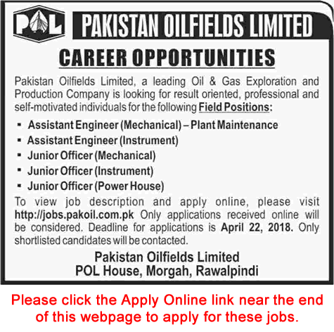 Pakistan Oilfields Limited Jobs April 2018 Apply Online Mechanical / Electrical Engineers POL Latest