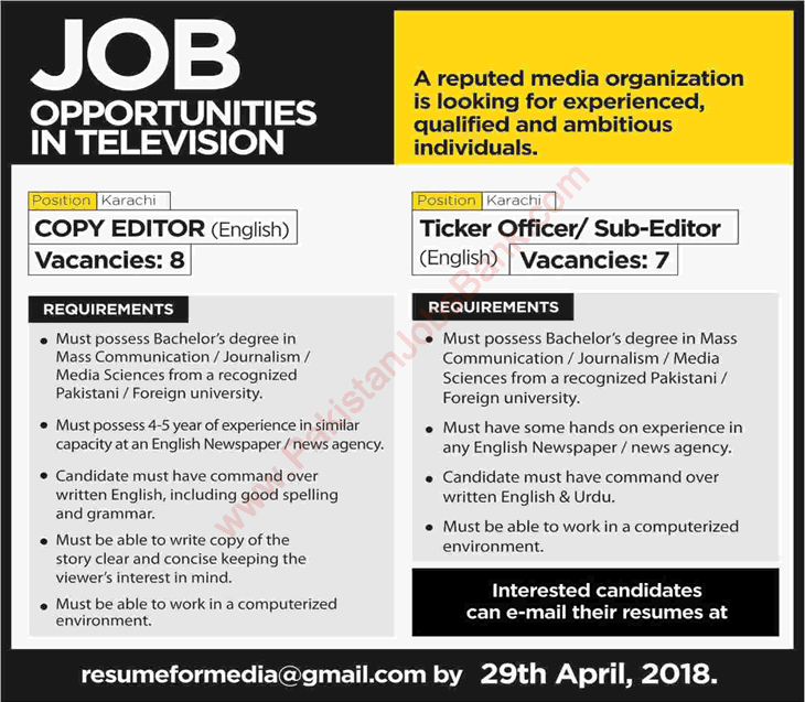 Copy Editor & Ticker Officer Jobs Karachi 2018 April TV Media Organization Latest