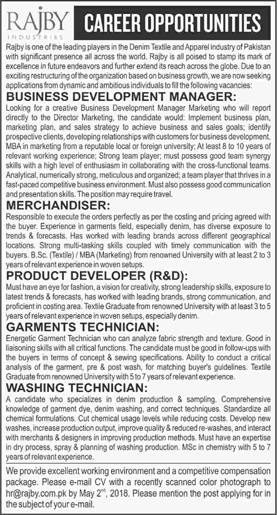 Rajby Industries Karachi Jobs 2018 April Business Development Manager & Others Latest