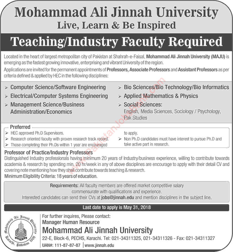 Mohammad Ali Jinnah University Karachi Jobs 2018 April / May Teaching Faculty MAJU Latest