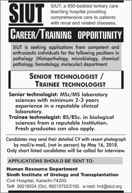 SIUT Karachi Jobs April 2018 May Senior & Trainee Technologists Latest