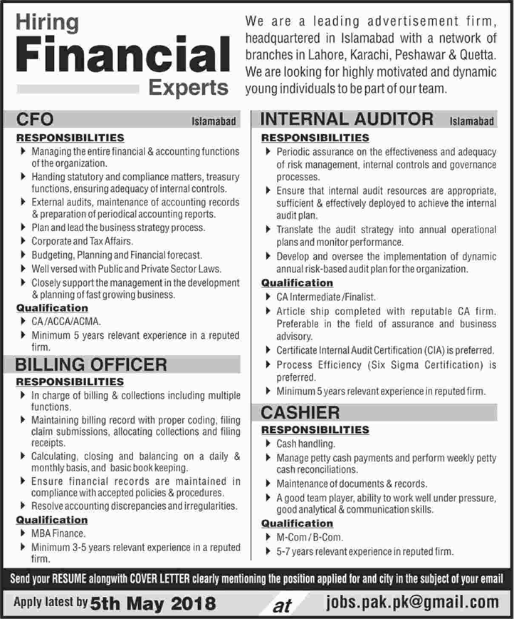 Advertising Agency Jobs in Pakistan 2018 April / May Cahier, Billing Officer & Others Latest