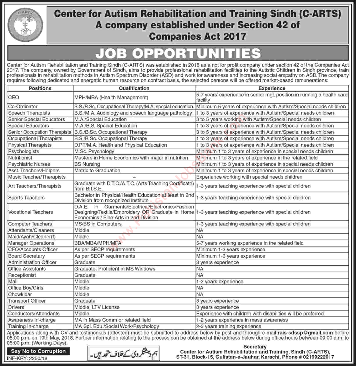 Center for Autism Rehabilitation and Training Sindh Jobs 2018 May Teachers, Therapists & Others C-ARTS Latest