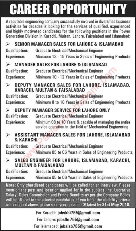 Engineering Company Jobs in Pakistan 2018 May Sales Engineers & Others Latest