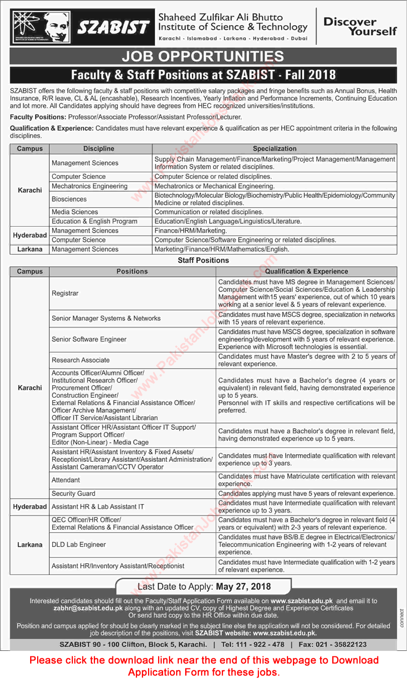 SZABIST Jobs May 2018 Application Form Teaching Faculty & Others Shaheed Zulfikar Ali Bhutto Institute of Science & Technology Latest