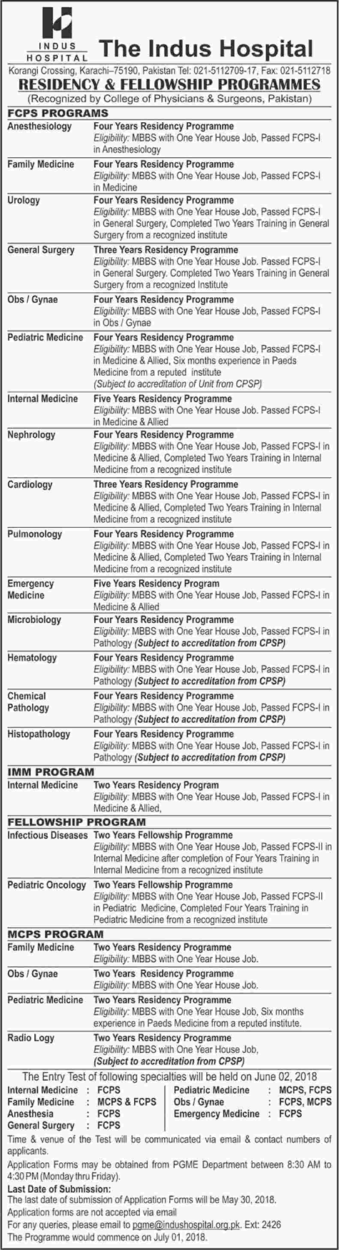 Indus Hospital Karachi Jobs May 2018 Residency & Fellowship Programs Latest