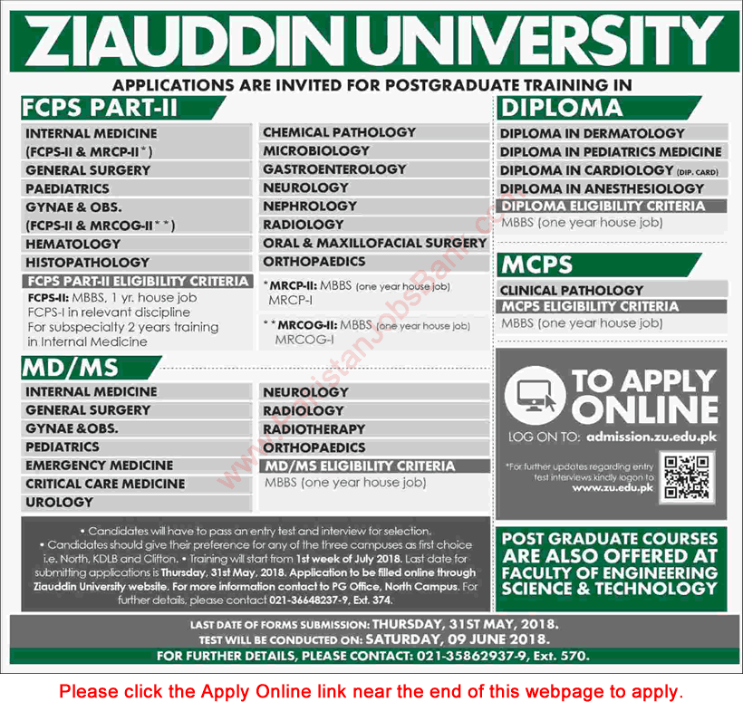 Ziauddin University Karachi Postgraduate Training 2018 May Apply Online Latest